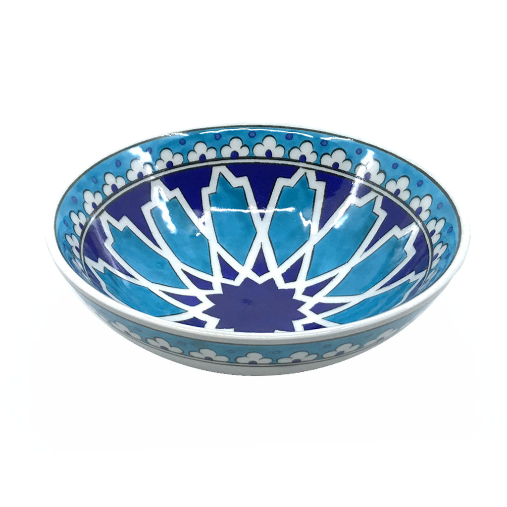  These Seljuk Design Bowls come in a range of vibrant turquoise and cobalt blue colors, each adorned with a Seljuk pattern.