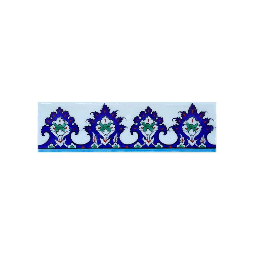 Iznik pottery floral border tile, decorated underglaze in cobalt-blue, green and turquoise