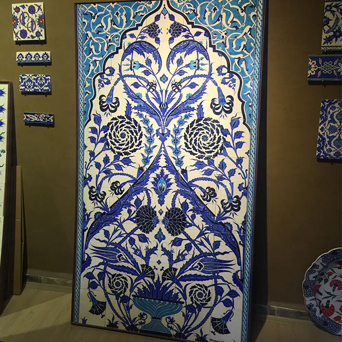 Iznik tile panel with two large Rumi motifs on the pediment with a turquoise ground