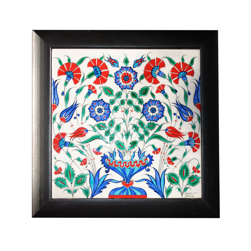 Framed Iznik Ceramic Tile Floral Pattern 