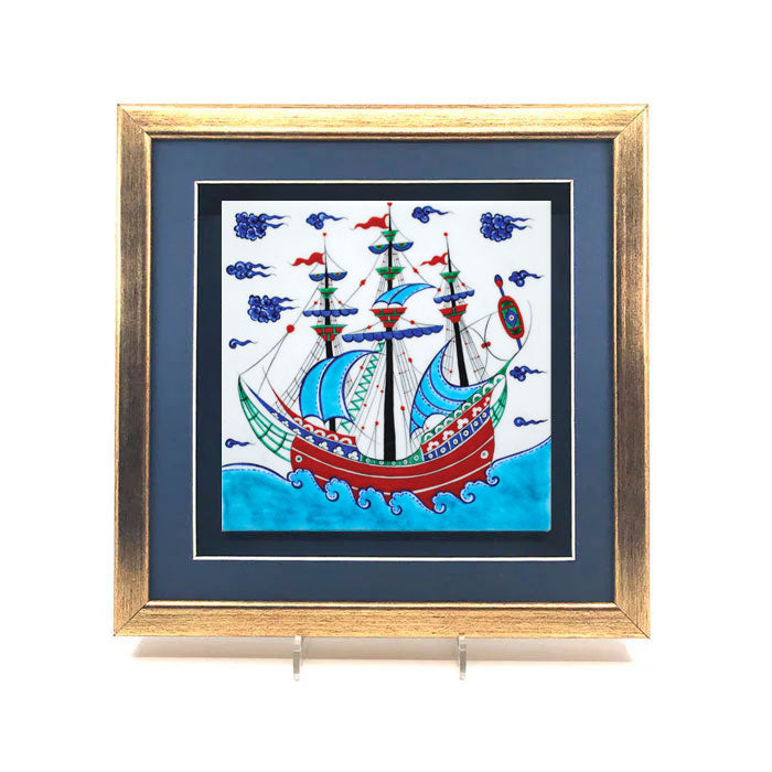 Coral Red Galleon pattern framed iznik tile design from 16th. century