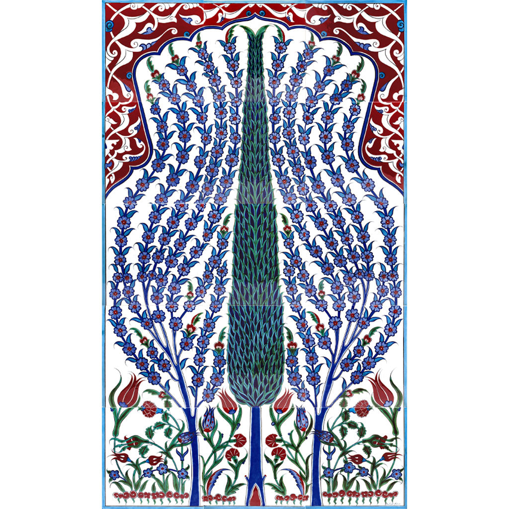 Iznik tile panel with a tree of life design, a wonderful composition embellished with crochet flowers, tulips, and carnation