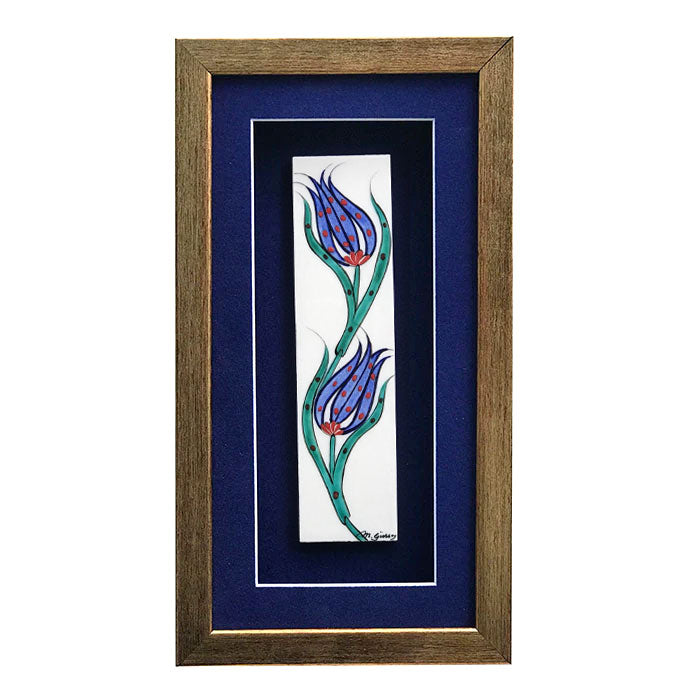 Iznik framed tile with cobalt blue tulips