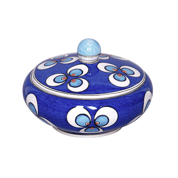  Iznik sugar bowl decorated with Chintamani pattern on the cobalt blue ground.